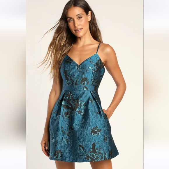 Lulus Dresses & Skirts - Lulu's Pretty Poised Teal Floral Jacquard Mini Skater dress szS NWT